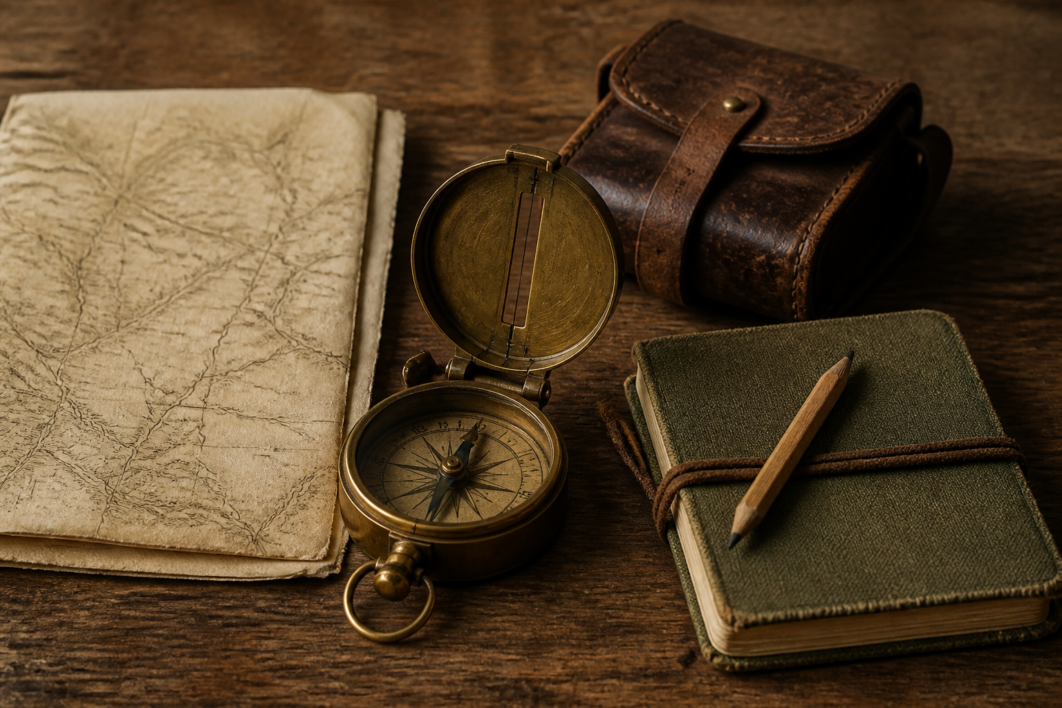 Compass, map and notebook from a fictional archive collection