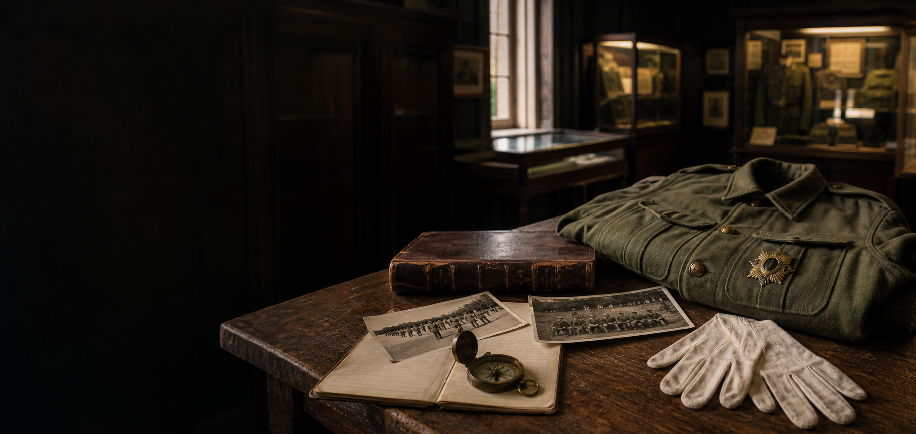 Archival objects arranged on a museum table